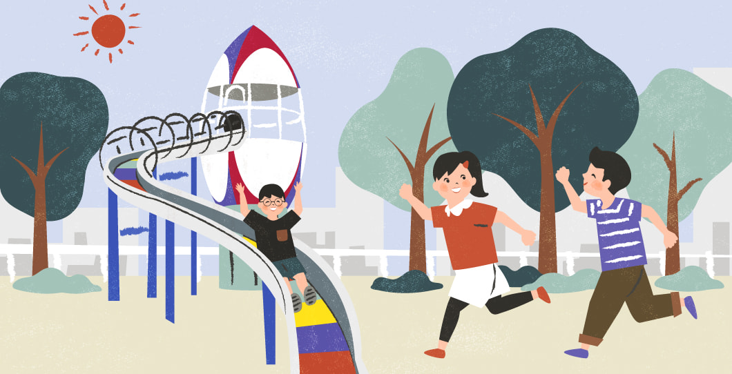 屋內外の遊び場が充実したまちのイラスト